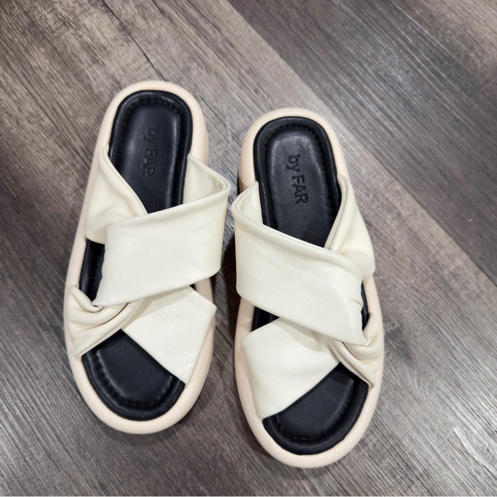 BY FAR Cream Padded Crisscross Slide Sandals with Black Footbed